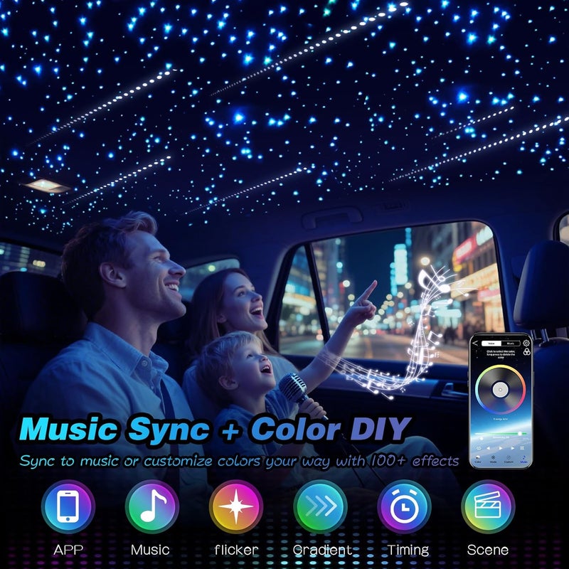 XAEIOW Meteor Twinkle 750 pcs 6.5ft Starlight Headliner Light,16W LED Star Ceiling Fiber Optic Light Kit APP/Remote Control for Car/Home/Party - Image 4